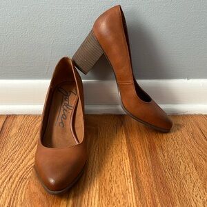 Zodiac Congac Brown Pointed Tow Block Heel Manmade Leather Women’s Heels